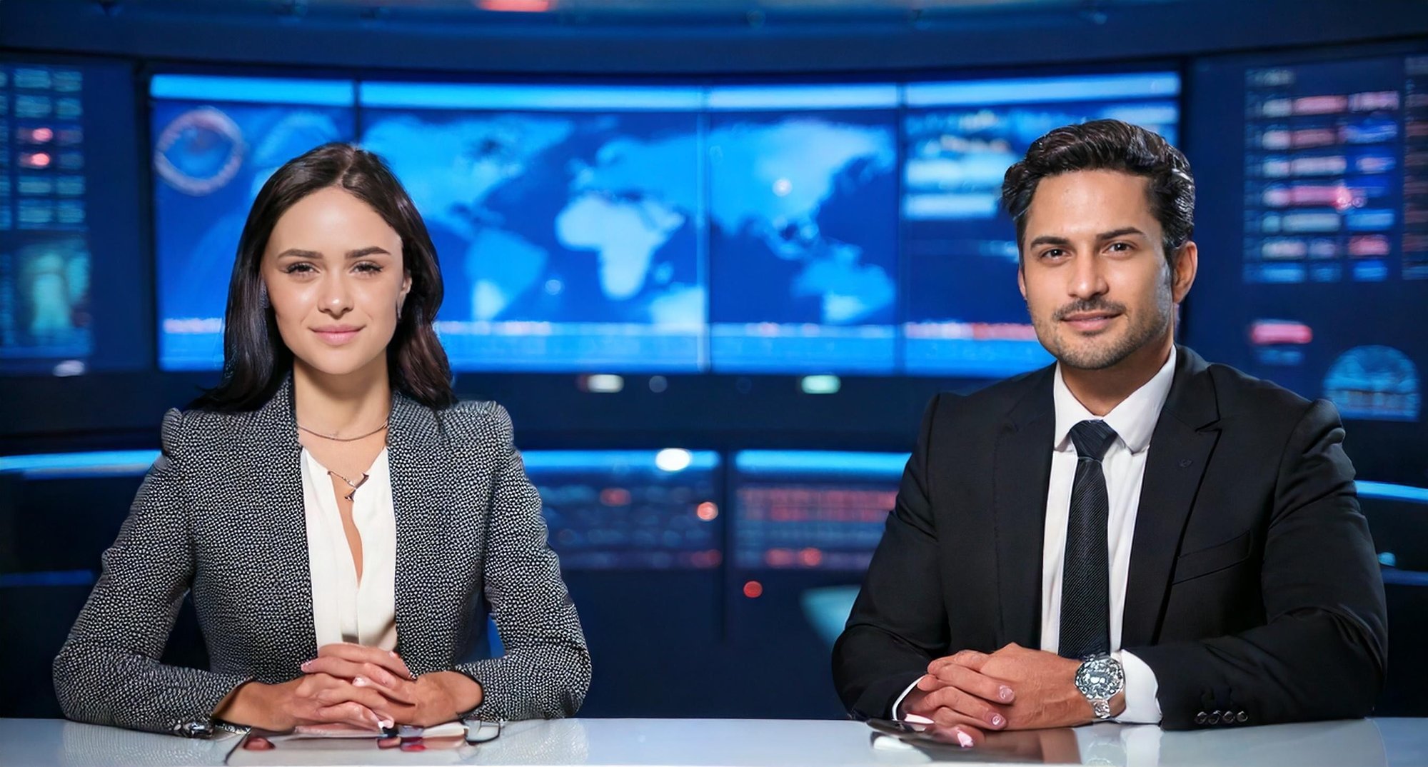 Firefly Realistic photo of two professional American news anchors at a polished desk in a modern new (1)-1