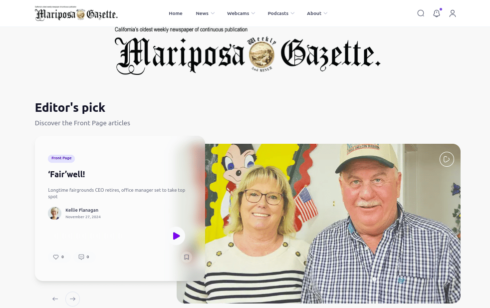 Interactive home page of the Mariposa Gazette demo site, showing the Editor's Pick article carousel.