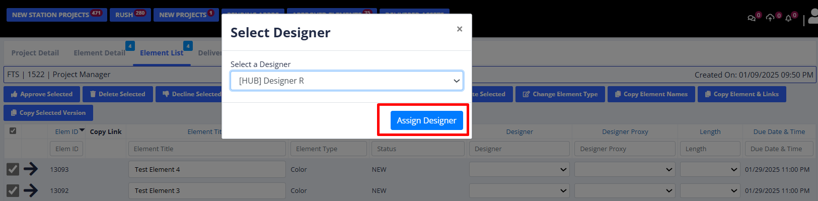 RFS Select Designer dialog used to assign a designer to a project request.