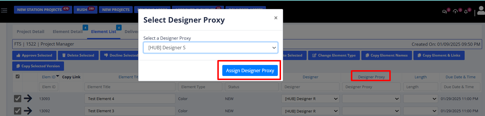 RFS Select Designer Proxy dialog used to assign a backup designer.