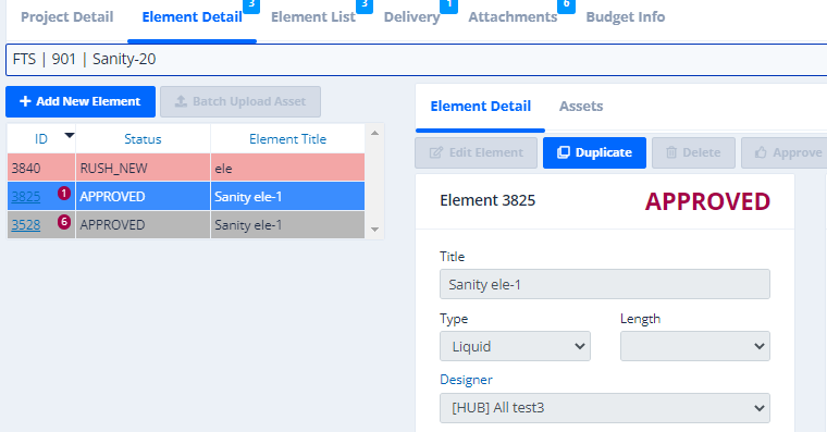 RFS Element Detail screen showing an element list with statuses and an approved element.