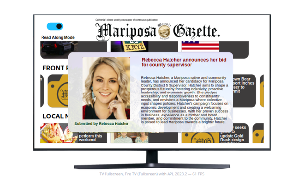 Mariposa Gazette Alexa skill screen showing an AI-generated article summary beside the article photo.