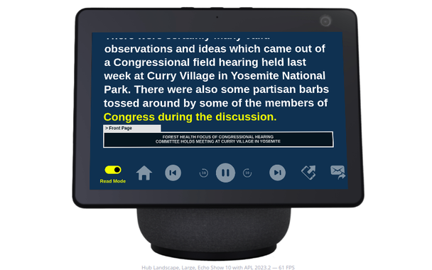 Amazon Echo Show in Read Along mode, showing a news article with the current line highlighted in yellow.