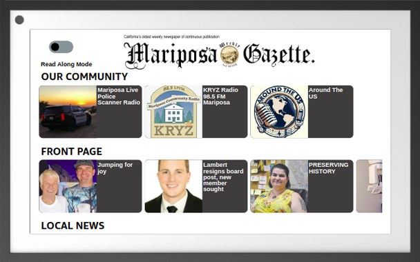 Mariposa Gazette Alexa skill community page with local radio station logos.